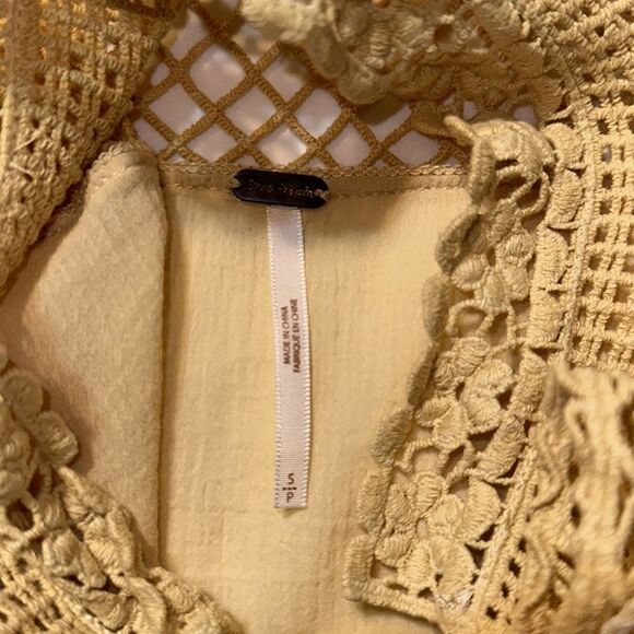 fp S Pale Yellow On The Island Crochet Yoke High Neck Sheer Mesh Bell Sleeve Top - Picture 13 of 14